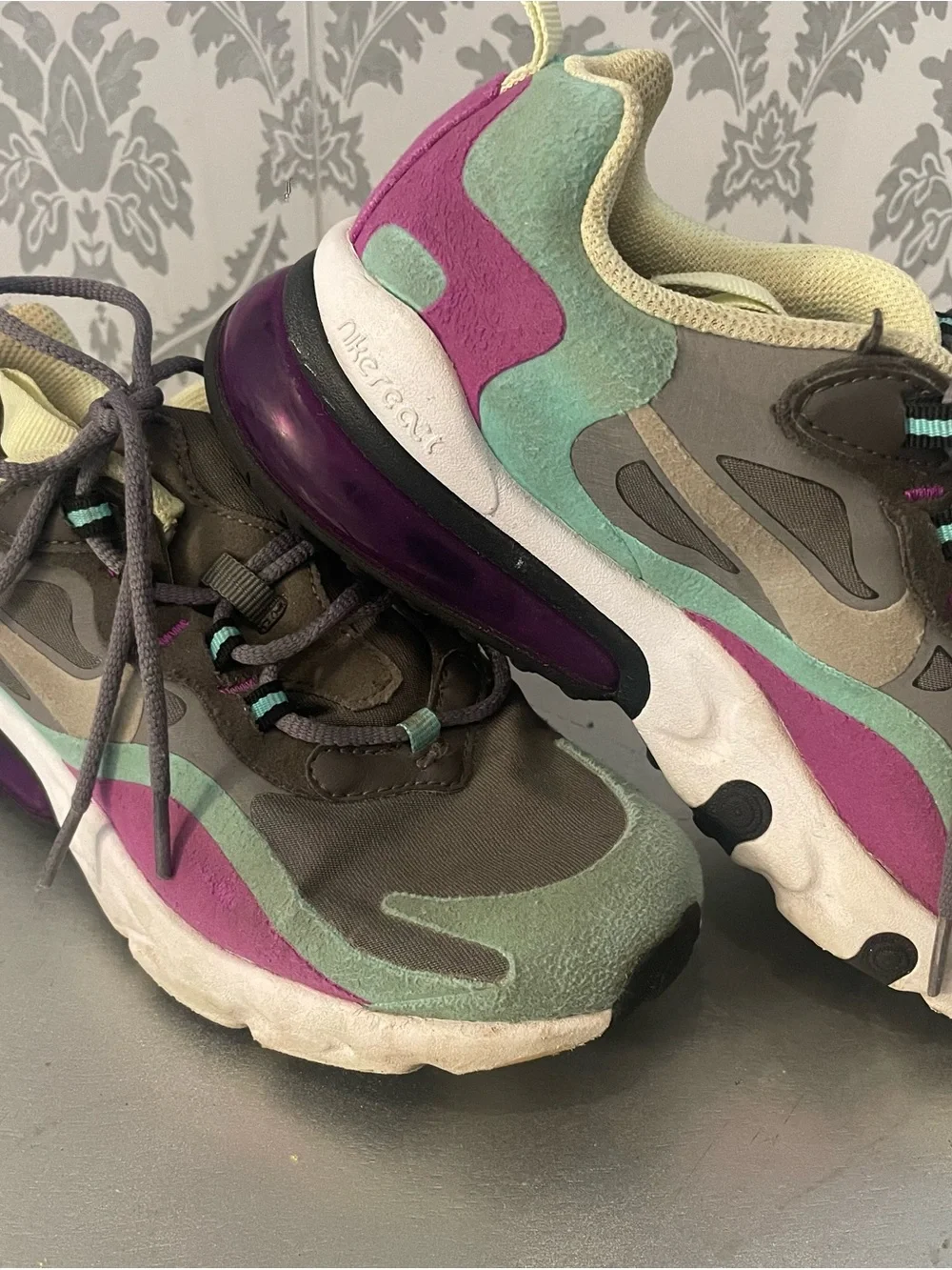 Kids Nike React Element 55 in Gray, Mint Green & Purple